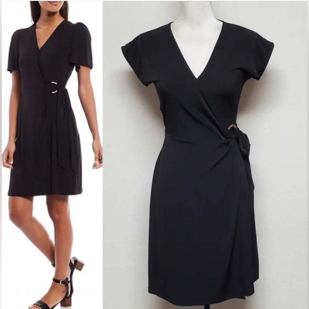NWT Michael Kors Black Jersey Gold Ring Faux Wrap Chic Cute Dress XS or Small S